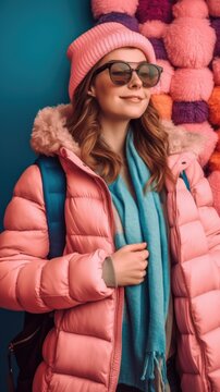 Woman In A Pink Puffer Jacket With Sunglasses And A Beanie. Generative AI