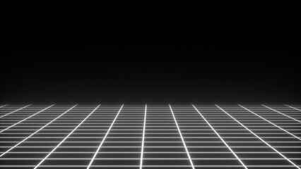 Retro neon simple grid in the dark space, flat surface, 3d render computer generated backdrop