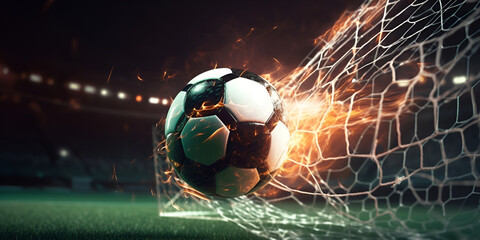 fireball breaks through the football goal net, game and sports theme, victory theme, fireball. Generative AI
