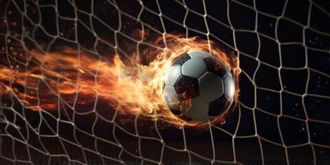 fireball breaks through the football goal net, game and sports theme, victory theme, fireball. Generative AI
