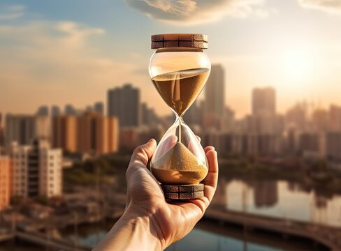 Hand holding a Hourglass with cityscape on panoramic skyline and buildings in the morning background with sun light. The concept of modern life, business, time, management and city life.