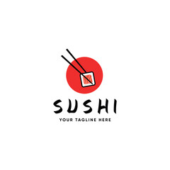 Sushi Roll with Chopsticks Logo Vector Design Illustration Abstract on White Background. Japan Cuisine. Salmon Fish Roll on Red Circle for Branding Identity, Banner, Outdoor Advertising, Web, Menu.