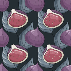 Seamless pattern with half of figs with leaves on the dark background. Vector illustration