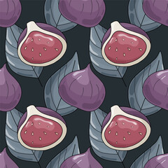 Seamless pattern with half of figs with leaves on the dark background. Vector illustration