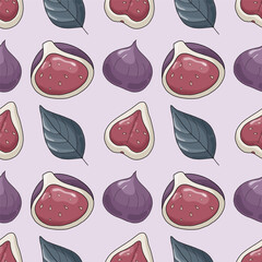 Seamless pattern with figs and leaves on the light purple background. Vector illustration