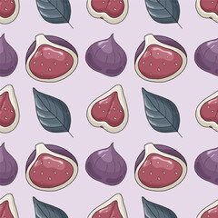 Seamless pattern with figs and leaves on the light purple background. Vector illustration