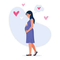 Vector illustration of a beautiful, smiling pregnant woman holding her belly. Cartoon scene with a happy pregnant woman expecting a baby and hearts isolated on a white background. Future mother.