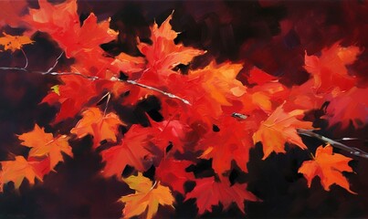  a painting of red and yellow leaves on a tree branch.  generative ai