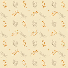 A seamless pattern with dragonfly and flowers.