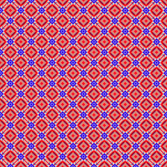 Red white and blue geometric seamless pattern digital art with small stars and other shapes for USA summer holidays. Fourth of July, Independence Day, Memorial Day, Labor Day background.