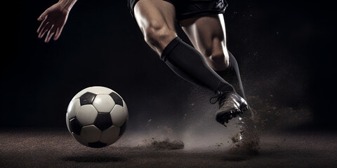 football game, football player kicks the ball, game and sport theme, horizontal photography. Generative AI
