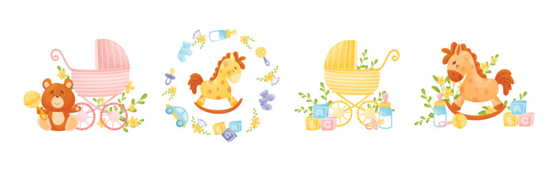 Newborn and Baby Accessories Arranged in Sweet Composition with Floral Elements Vector Set