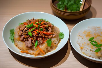 Rice noodles with spicy pork sauce.traditional Lanna dishe - generative ai