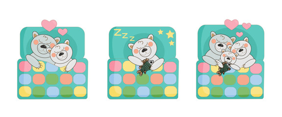 vector illustration set sleeping family of polar cartoon bears under a patchwork quilt blanket in beds