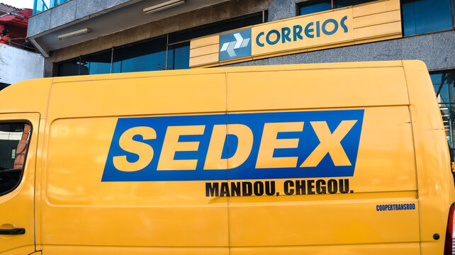 Transport truck of the company CORREIOS in Brazil. Photo captured on April 25, 2023 in Mogi das Cruzes - SP - Brazil.