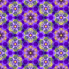 Layered digital art pattern with geometric floral motifs in purple yellow pink and green. Abstract background design element.