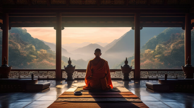 Monk in the lotus position in the temple. Generative AI..