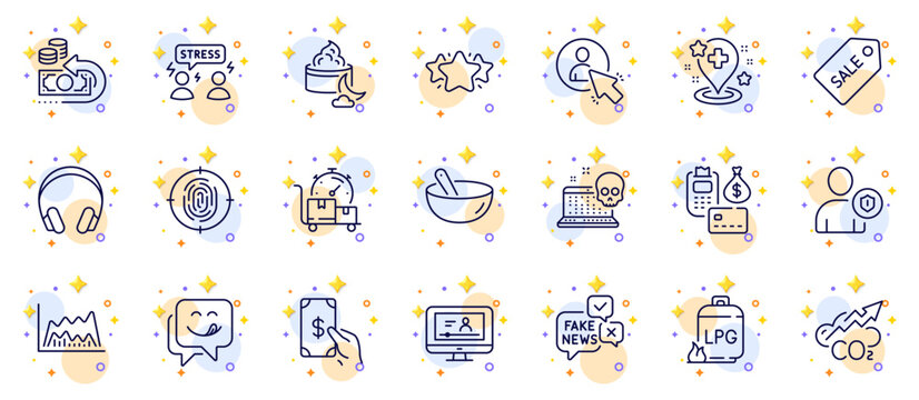 Outline set of Receive money, Fingerprint and Co2 line icons for web app. Include User, Cash back, Yummy smile pictogram icons. Headphones, Fast delivery, Difficult stress signs. Payment. Vector