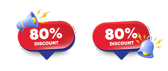 80 percent discount tag. Speech bubbles with 3d bell, megaphone. Sale offer price sign. Special offer symbol. Discount chat speech message. Red offer talk box. Vector