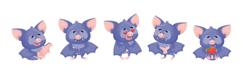Funny Purple Bat Character Engaged in Different Activity Vector Set