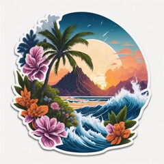 Sticker with tropical island with flowers and palm trees