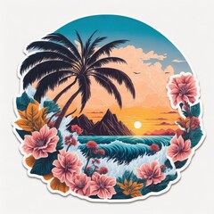 Fototapeta na wymiar Sticker with tropical island with flowers and palm trees