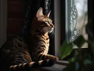 The Contemplative Bengal Cat on a Window Ledge