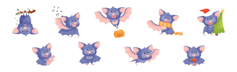 Funny Purple Bat Character Engaged in Different Activity Vector Set