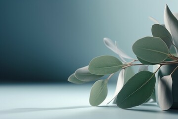  Muted Aqua Blue Background with Subtle Eucalyptus Leaf Shadow: Serene and Elegant Setting for Product Presentations, Design Projects, and Relaxing Botanical Themes generative AI