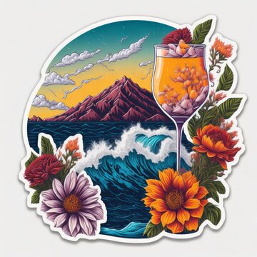 Sticker with tropical island with flowers  and a cocktail