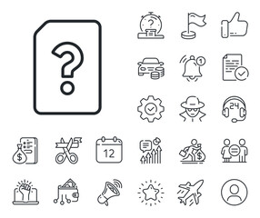 File with Question mark sign. Salaryman, gender equality and alert bell outline icons. Unknown Document line icon. Untitled Paper page concept symbol. Unknown file line sign. Vector