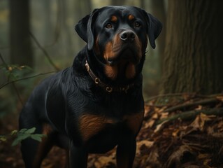 Fototapeta premium The Rottweiler's Power on Display in a Forest