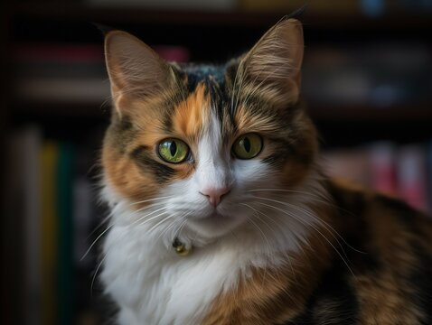The Curious Calico Cat Peering from a Bookshelf