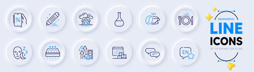 Delivery calendar, Inflation and Dots message line icons for web app. Pack of Discounts app, English, Coffee cup pictogram icons. Building, Food, Chemistry lab signs. Breathable mattress. Vector