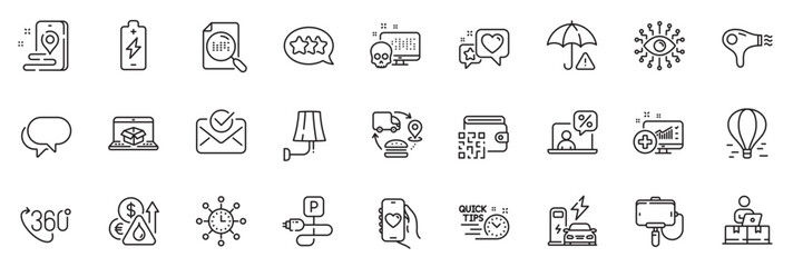 Icons pack as Charging station, Online delivery and Charging parking line icons for app include Medical analytics, 360 degree, Risk management outline thin icon web set. Hair dryer. Vector