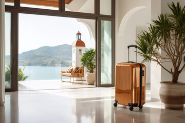 A vacation travel suitcase in a luxury holiday villa. Generative ai