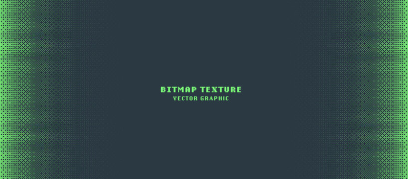 Dither Pattern Bitmap Texture Halftone Gradient Vector Wide Abstract Background. Glitch Screen With Flicker Pixels Effect Panoramic Backdrop. 8 Bit Pixel Art Retro Video Arcade Game Green Abstraction