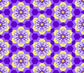 Yellow and purple spring summer design with geometric  floral motifs. Seamless repeating pattern digital art background wallpaper