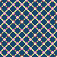 Naklejka premium Retro style painterly geometric seamless pattern repeating lattice plaid motif design in blue green pink purple and gold abstract background wallpaper for spring and summer designs.