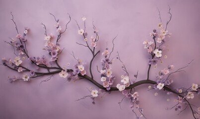  a branch with flowers on a purple wall with a purple background.  generative ai