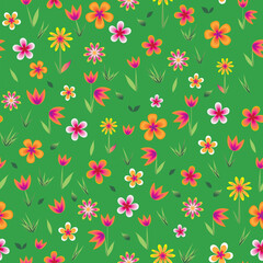 Green bright meadow with colorful flowers seamless vector pattern. Happy day, blooming meadow pattern.