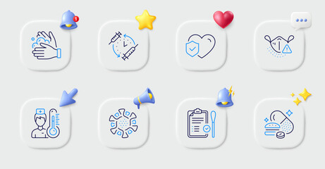 Fototapeta premium Life insurance, Medical mask and Wash hands line icons. Buttons with 3d bell, chat speech, cursor. Pack of Coronavirus, Vaccination schedule, Thermometer icon. Vector