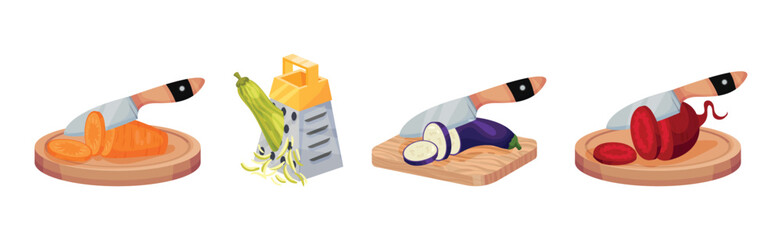 Grater and Cutting Board with Knife Chopping Vegetable Vector Set