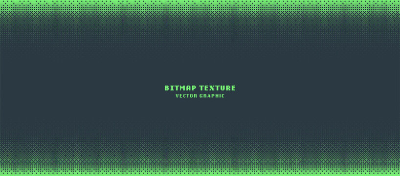 Dither Pattern Bitmap Texture Border Gradient Vector Wide Abstract Background. Glitch Screen With Flicker Pixels Effect Panoramic Illustration. 8 Bit Pixel Art Retro Video Game Bright Green Decoration