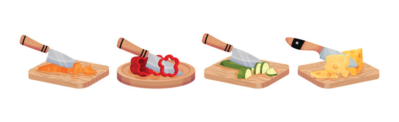 Wooden Cutting Board with Knife Chopping Vegetable Vector Set