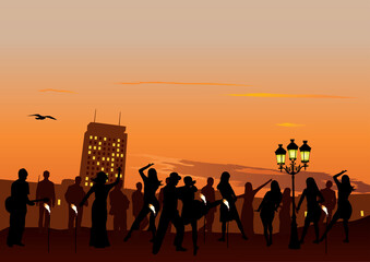 Evening Party with dancing people. Sunset sky and city in background