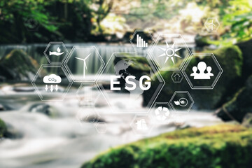 ESG icons concept. Environment, society and governance. Green sunny blurred river background. - obrazy, fototapety, plakaty