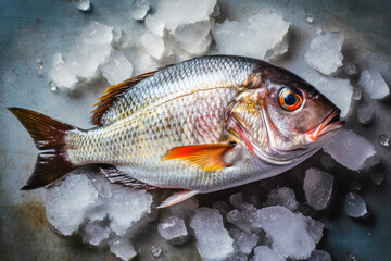 top down view of raw sea bream fish dorado on ice. space for text. generative AI