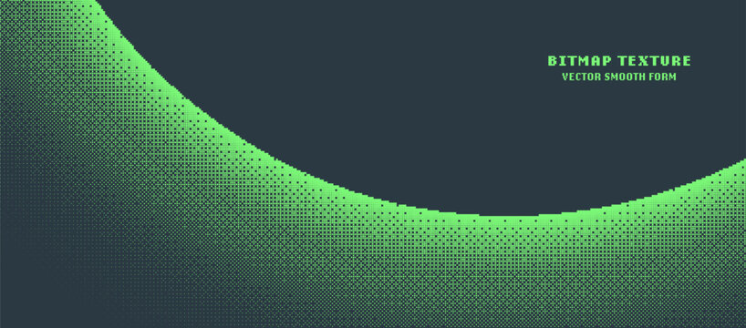 Pixel Art Style Bitmap Texture Round Form Vector Panoramic Abstraction. 8 Bit Console Retro Arcade Video Game Wide Wallpaper. Noise Dither Effect Bright Green Colour Semi Circle Shape Modern Backdrop