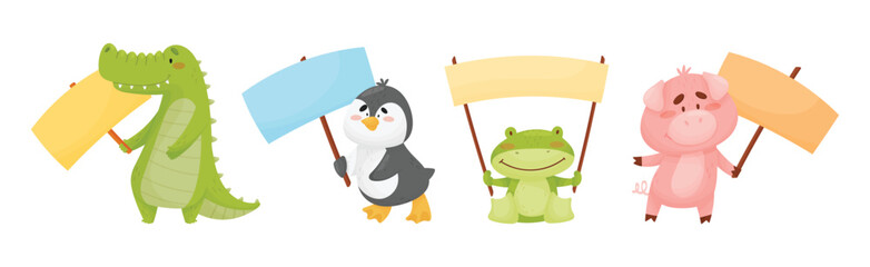 Cute Animals Holding Colorful Blank Banners Vector Illustration Set